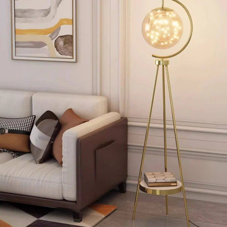 Contemporary Nordic Glass & Metal Starry Globe LED Standing Floor Lamp With Shelf For Living Room And Bedroom