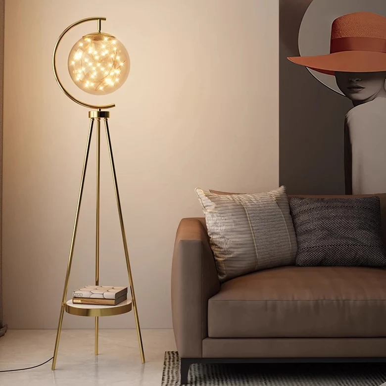 Contemporary Nordic Glass & Metal Starry Globe LED Standing Floor Lamp With Shelf For Living Room And Bedroom