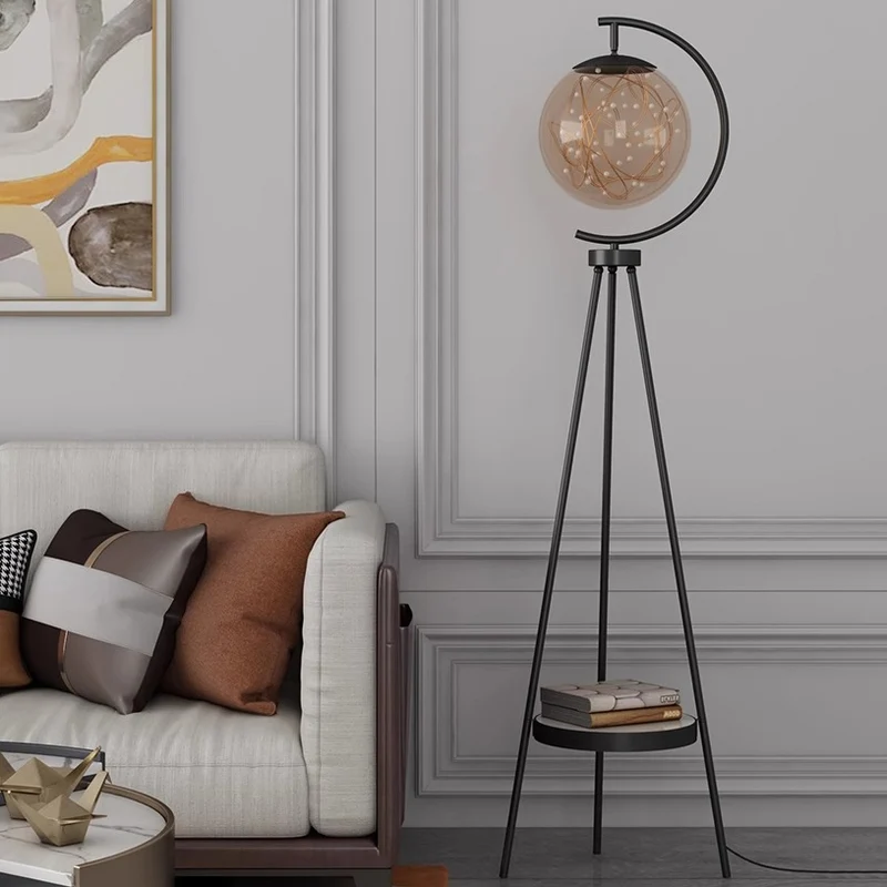 Contemporary Nordic Glass & Metal Starry Globe LED Standing Floor Lamp With Shelf For Living Room And Bedroom