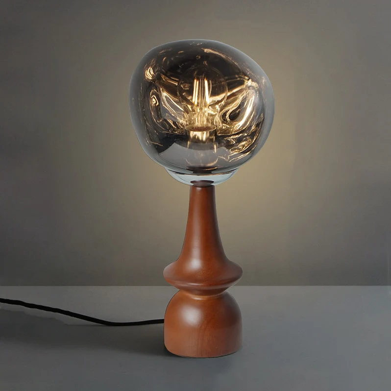 Contemporary Scandinavian Lava Irregular Round Solid Wood Acrylic 1 - Light Table Lamp For Living Room