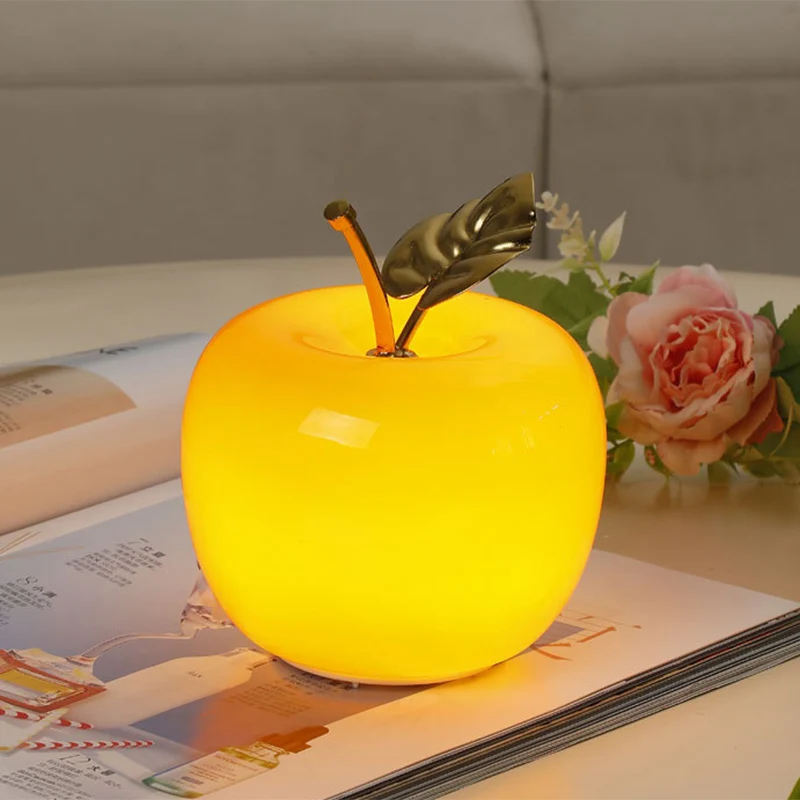 Contemporary Creative Apple Glass Shade Iron Golden Leaf Decoration LED Night Light Table Lamp For Bedroom