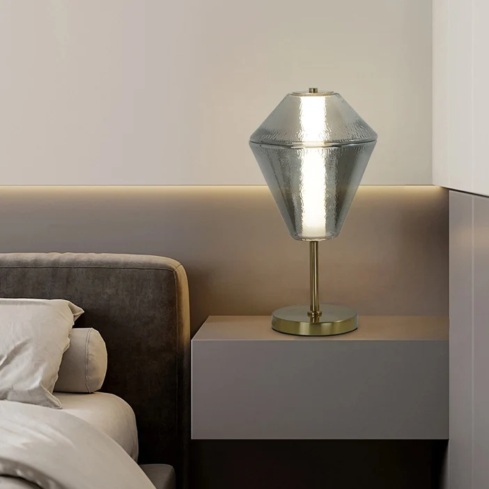 Contemporary Nordic Iron Geometric Cone-Stacked Water Ripple Glass LED Table Lamp For Bedroom