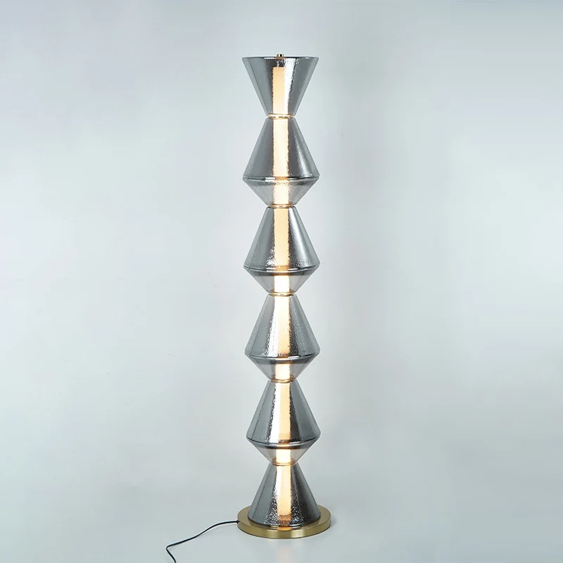 Contemporary Nordic Iron Geometric Cone-Stacked Water Ripple Glass LED Standing Floor Lamp For Bedroom