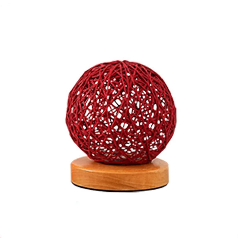 Traditional Chinese Red Rattan Ball Shade LED Night Light Table Lamp For Bedroom