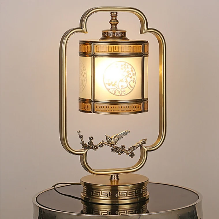 Traditional Chinese Copper & Glass Cylindrical 1-Light Table Lamp For Bedroom & Living Room