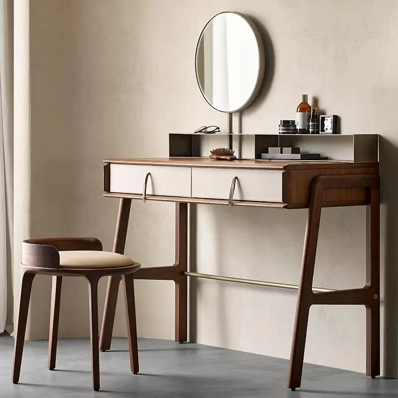 Contemporary Retro Ash Oak Wood Faux Leather Round Vanity Stool With Backrest For Bedroom