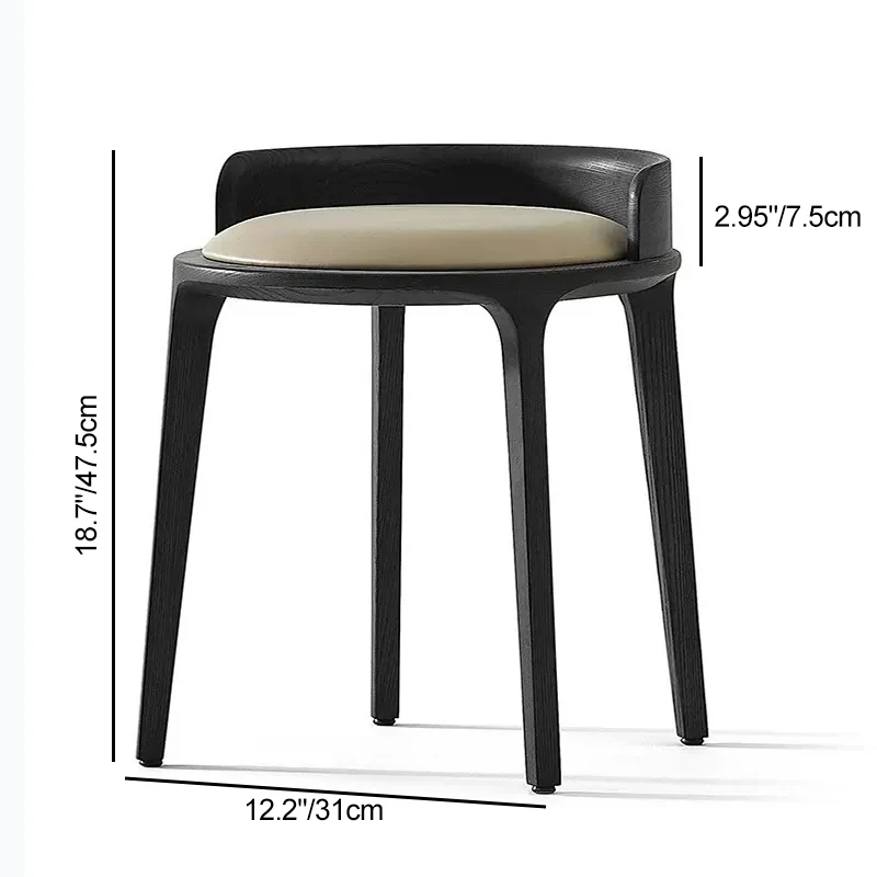 Contemporary Retro Ash Oak Wood Faux Leather Round Vanity Stool With Backrest For Bedroom
