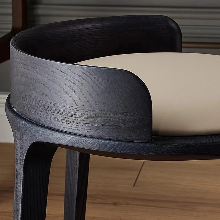 Contemporary Retro Ash Oak Wood Faux Leather Round Vanity Stool With Backrest For Bedroom