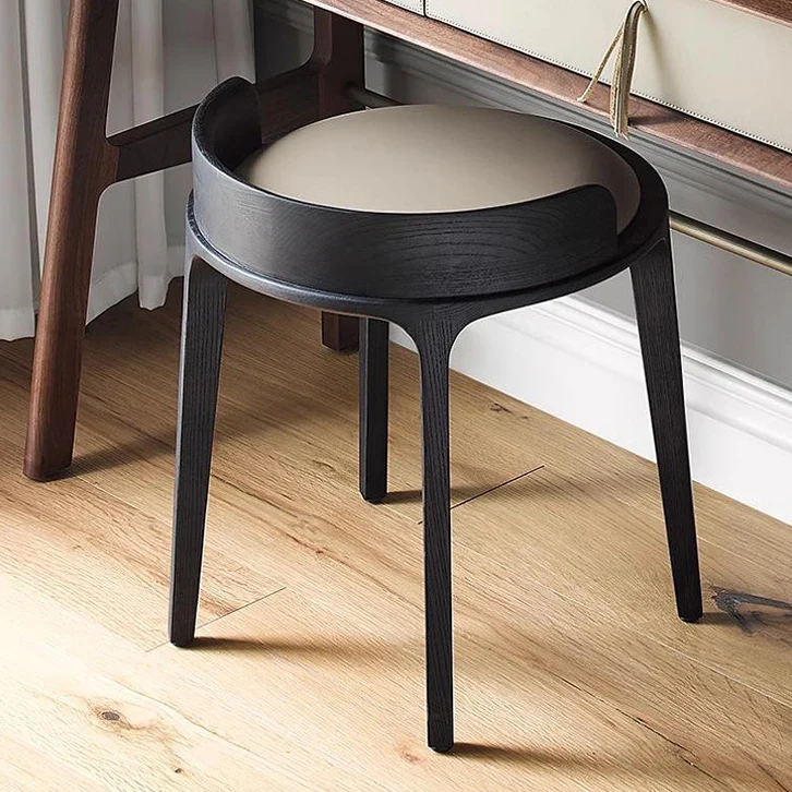 Contemporary Retro Ash Oak Wood Faux Leather Round Vanity Stool With Backrest For Bedroom