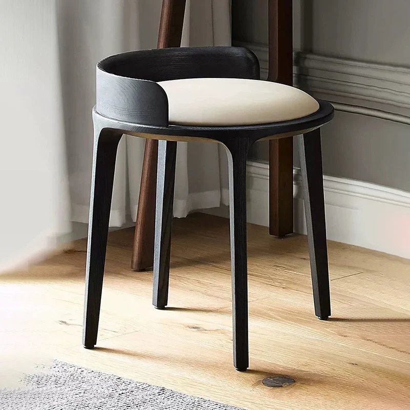 Contemporary Retro Ash Oak Wood Faux Leather Round Vanity Stool With Backrest For Bedroom