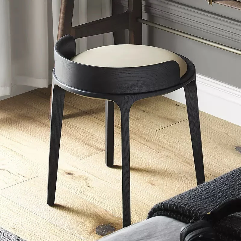 Contemporary Retro Ash Oak Wood Faux Leather Round Vanity Stool With Backrest For Bedroom