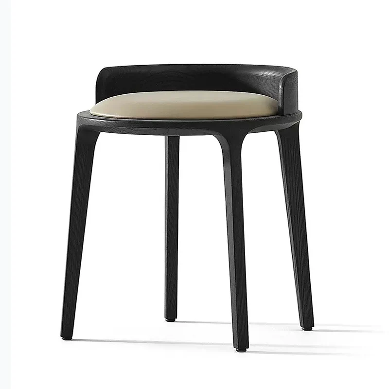 Contemporary Retro Ash Oak Wood Faux Leather Round Vanity Stool With Backrest For Bedroom