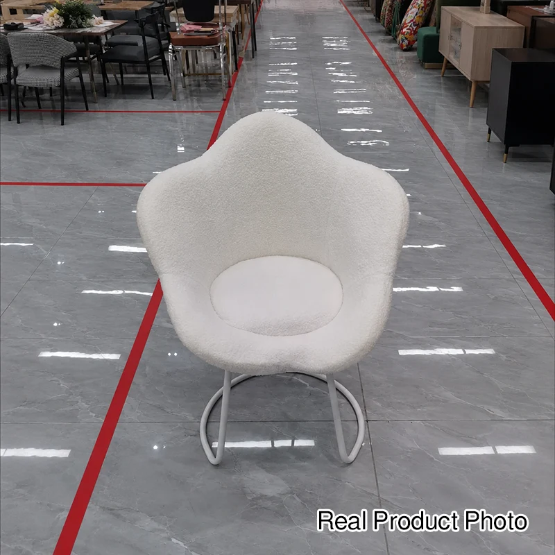Contemporary Nordic Swivel Sherpa Fabric Iron Petal Vanity Stool With Backrest & Armrests For Bedroom