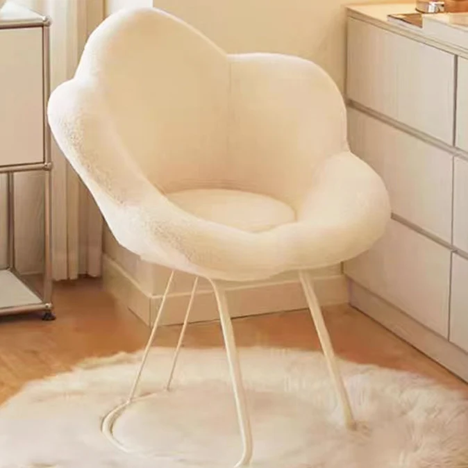 Contemporary Nordic Swivel Sherpa Fabric Iron Petal Vanity Stool With Backrest & Armrests For Bedroom