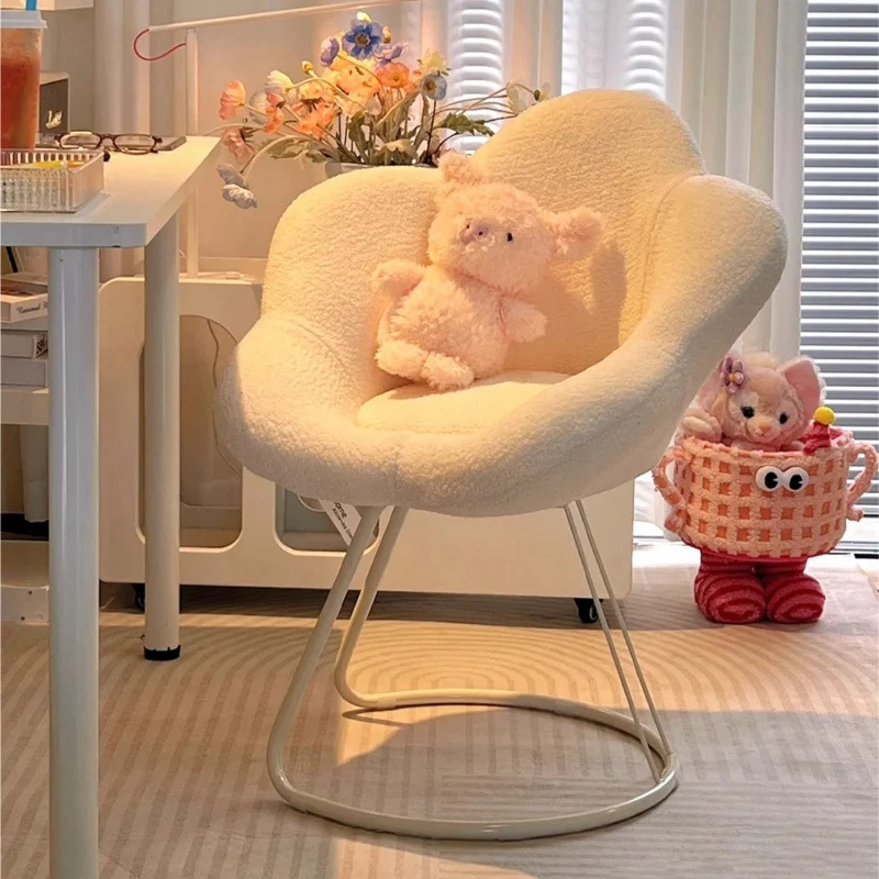 Contemporary Nordic Swivel Sherpa Fabric Iron Petal Vanity Stool With Backrest & Armrests For Bedroom