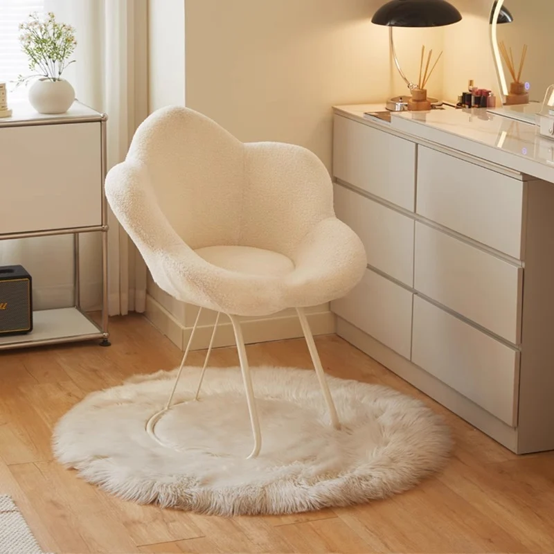 Contemporary Nordic Swivel Sherpa Fabric Iron Petal Vanity Stool With Backrest & Armrests For Bedroom