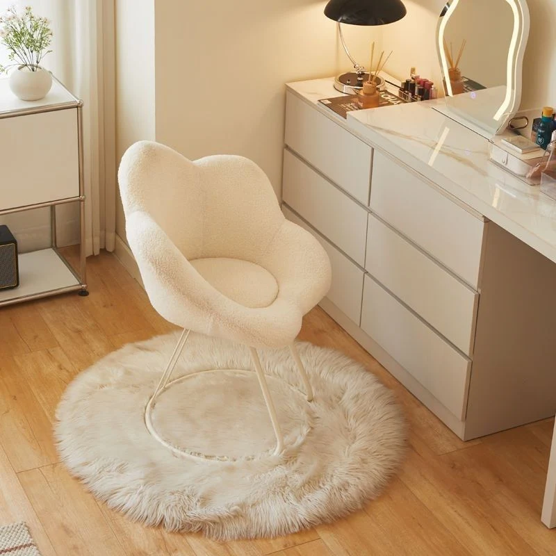 Contemporary Nordic Swivel Sherpa Fabric Iron Petal Vanity Stool With Backrest & Armrests For Bedroom