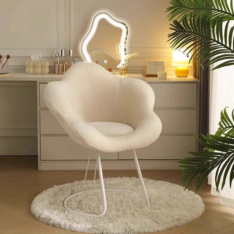 Contemporary Nordic Swivel Sherpa Fabric Iron Petal Vanity Stool With Backrest & Armrests For Bedroom