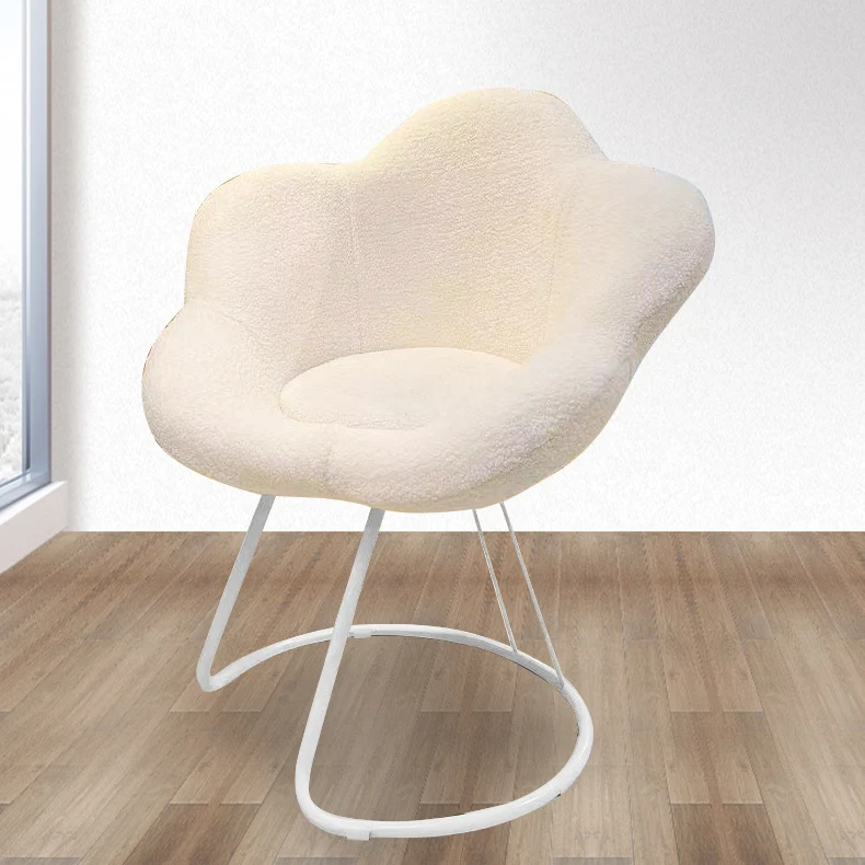 Contemporary Nordic Swivel Sherpa Fabric Iron Petal Vanity Stool With Backrest & Armrests For Bedroom