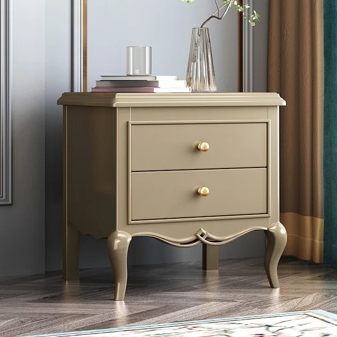 Modern Luxury Solid Wood & Metal Curved Square Nightstand 2-Drawer For Bedroom