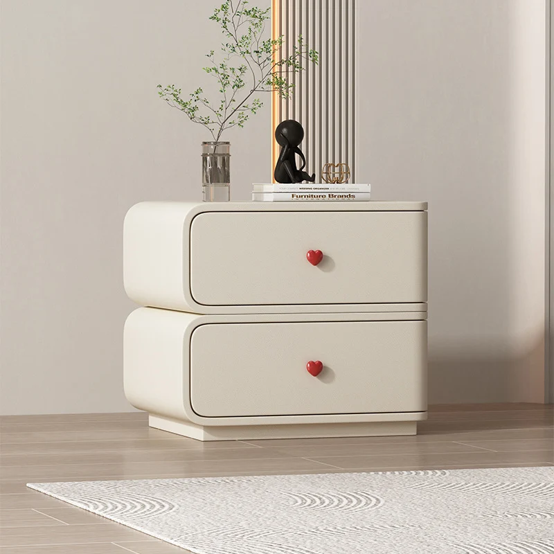 Contemporary Creative Faux Leather Solid Wood & Metal Curved Rectangular Nightstand 2-Drawer For Bedroom