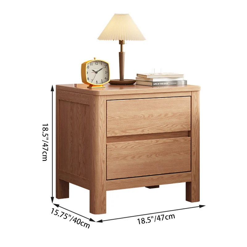 Contemporary Scandinavian Rectangular Tabletop Rubberwood Plywood Nightstand 2-Drawer For Bedroom