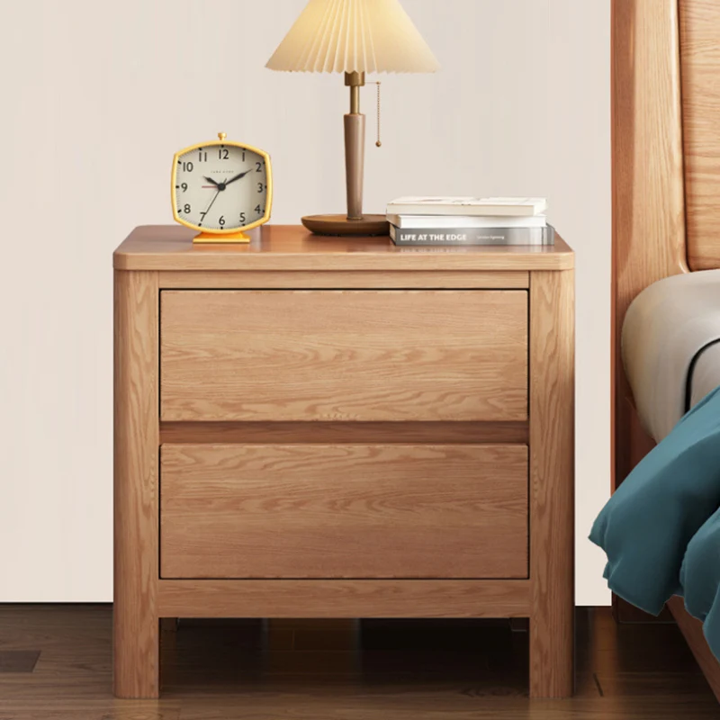 Contemporary Scandinavian Rectangular Tabletop Rubberwood Plywood Nightstand 2-Drawer For Bedroom