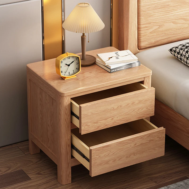 Contemporary Scandinavian Rectangular Tabletop Rubberwood Plywood Nightstand 2-Drawer For Bedroom
