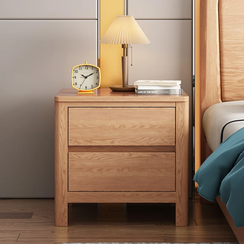 Contemporary Scandinavian Rectangular Tabletop Rubberwood Plywood Nightstand 2-Drawer For Bedroom