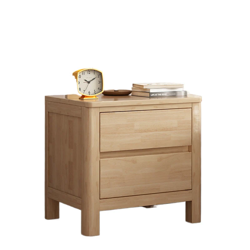 Contemporary Scandinavian Rectangular Tabletop Rubberwood Plywood Nightstand 2-Drawer For Bedroom