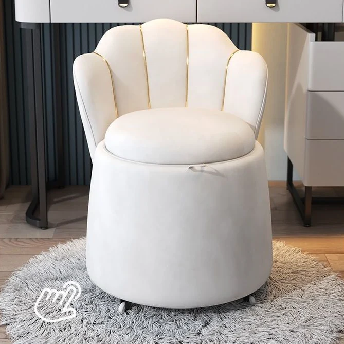 Contemporary Nordic Velvet Plywood Steel Round Petal-Back Storage Vanity Stool Backrest For Bedroom