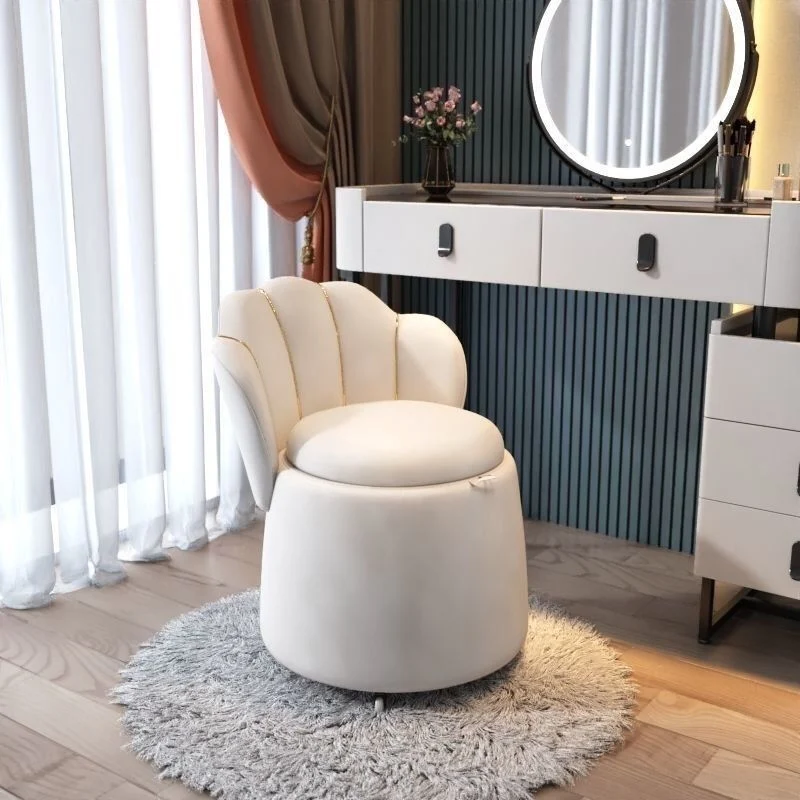 Contemporary Nordic Velvet Plywood Steel Round Petal-Back Storage Vanity Stool Backrest For Bedroom