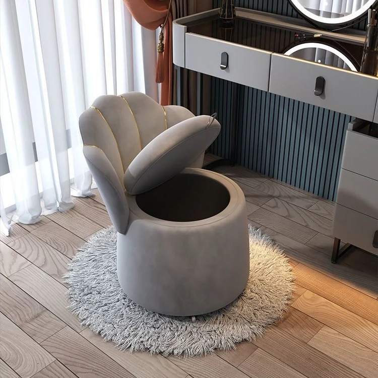 Contemporary Nordic Velvet Plywood Steel Round Petal-Back Storage Vanity Stool Backrest For Bedroom