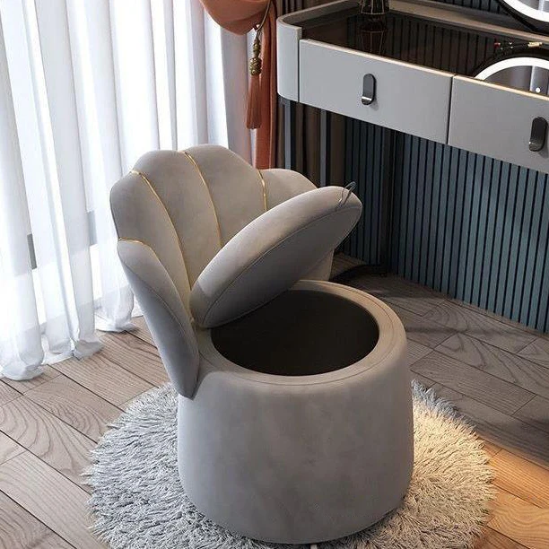 Contemporary Nordic Velvet Plywood Steel Round Petal-Back Storage Vanity Stool Backrest For Bedroom