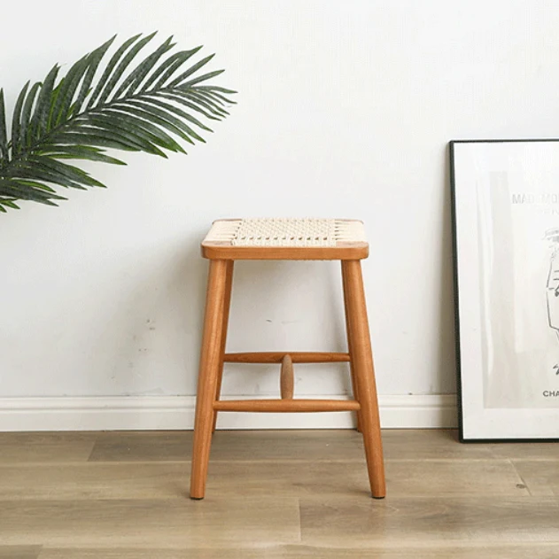 Contemporary Retro Cherry Wood Oak Walnut Kraft Paper Rope Square Vanity Stool Backless For Bedroom