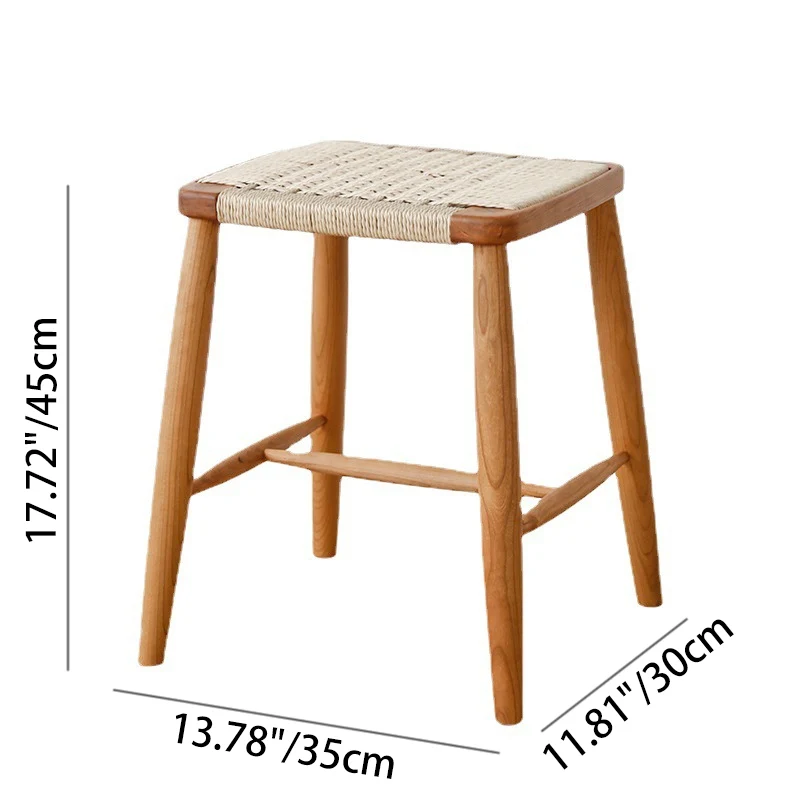 Contemporary Retro Cherry Wood Oak Walnut Kraft Paper Rope Square Vanity Stool Backless For Bedroom