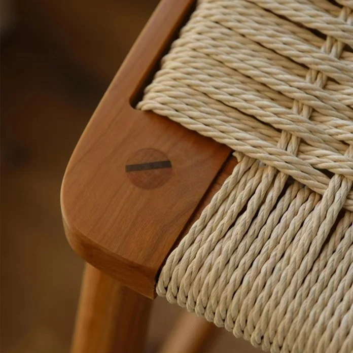 Contemporary Retro Cherry Wood Oak Walnut Kraft Paper Rope Square Vanity Stool Backless For Bedroom
