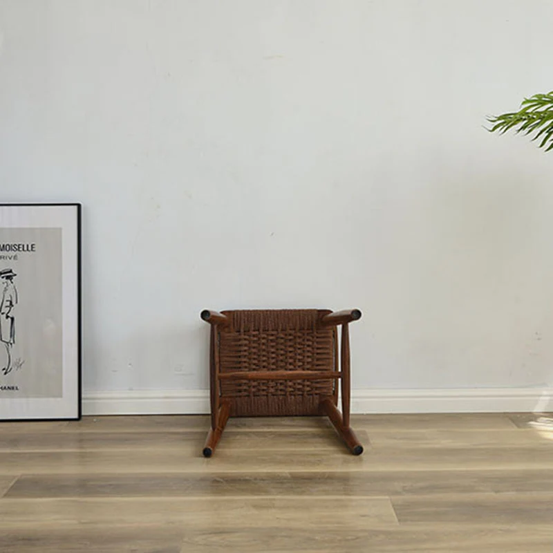 Contemporary Retro Cherry Wood Oak Walnut Kraft Paper Rope Square Vanity Stool Backless For Bedroom