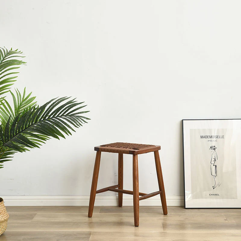 Contemporary Retro Cherry Wood Oak Walnut Kraft Paper Rope Square Vanity Stool Backless For Bedroom