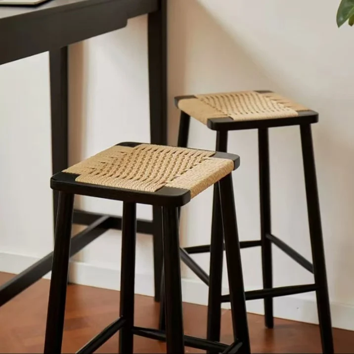 Contemporary Retro Cherry Wood Oak Walnut Kraft Paper Rope Square Vanity Stool Backless For Bedroom