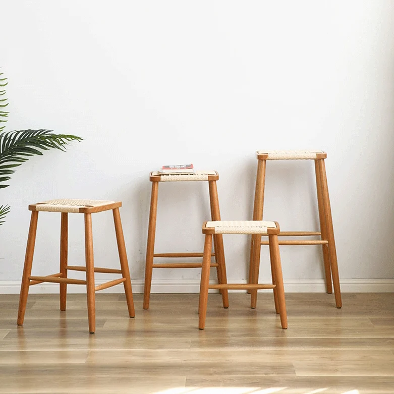 Contemporary Retro Cherry Wood Oak Walnut Kraft Paper Rope Square Vanity Stool Backless For Bedroom