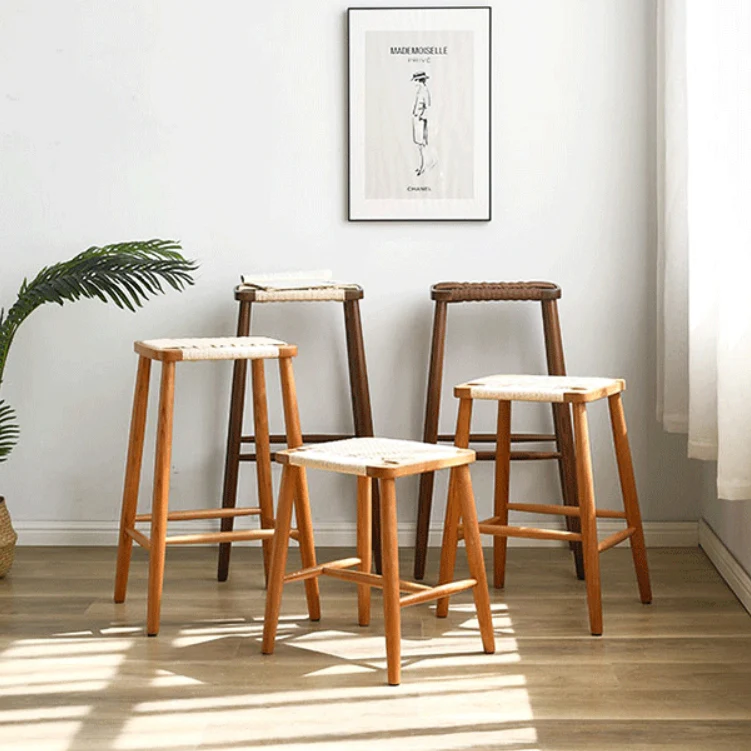 Contemporary Retro Cherry Wood Oak Walnut Kraft Paper Rope Square Vanity Stool Backless For Bedroom