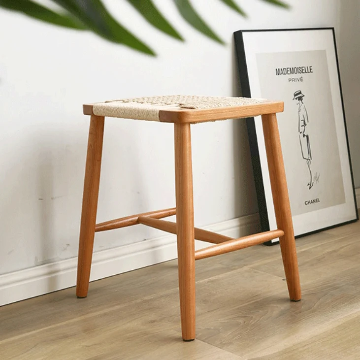 Contemporary Retro Cherry Wood Oak Walnut Kraft Paper Rope Square Vanity Stool Backless For Bedroom