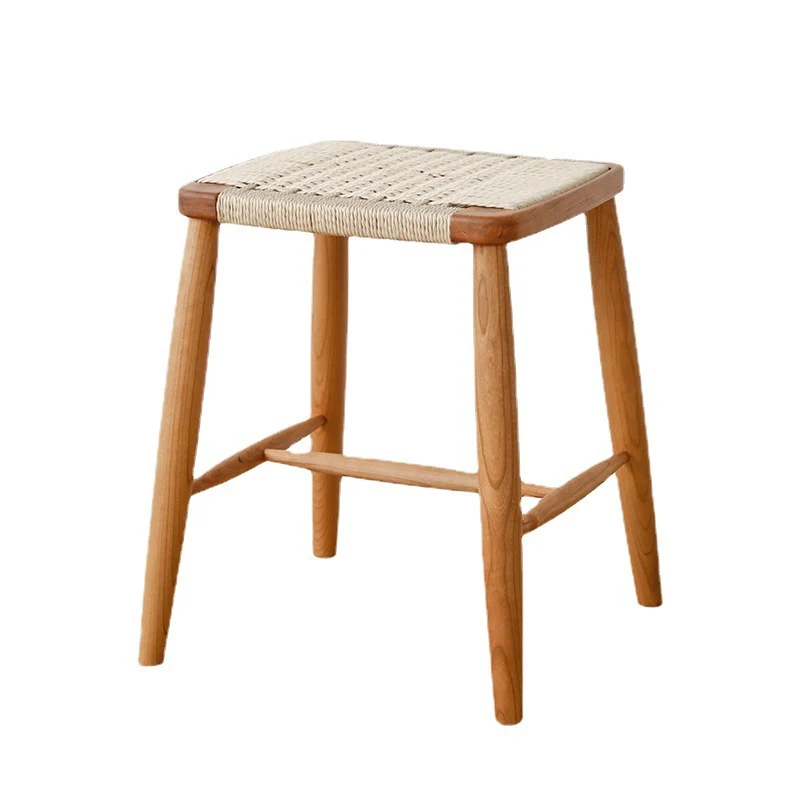 Contemporary Retro Cherry Wood Oak Walnut Kraft Paper Rope Square Vanity Stool Backless For Bedroom