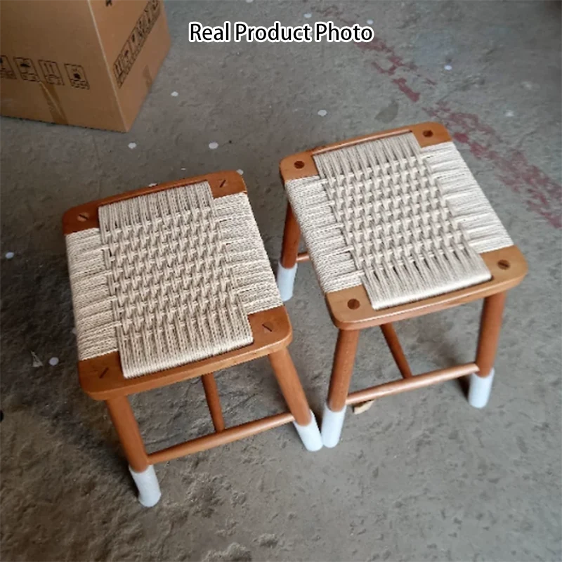 Contemporary Retro Cherry Wood Oak Walnut Kraft Paper Rope Square Vanity Stool Backless For Bedroom