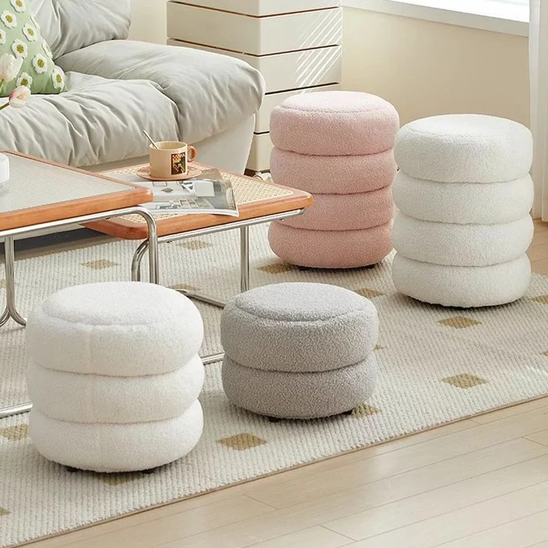 Contemporary Nordic Sherpa Fabric Engineered Board Round Low Stool Multi-Tier For Living Room And Bedroom