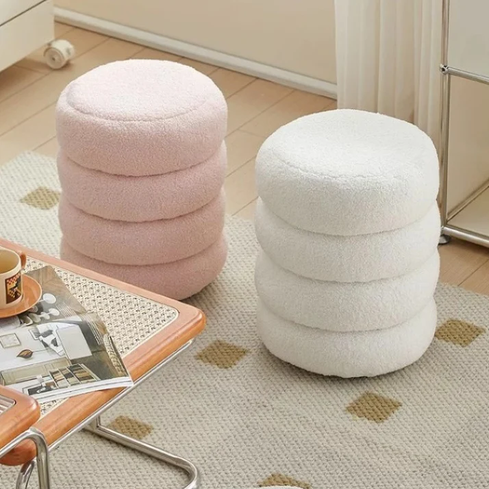 Contemporary Nordic Sherpa Fabric Engineered Board Round Low Stool Multi-Tier For Living Room And Bedroom