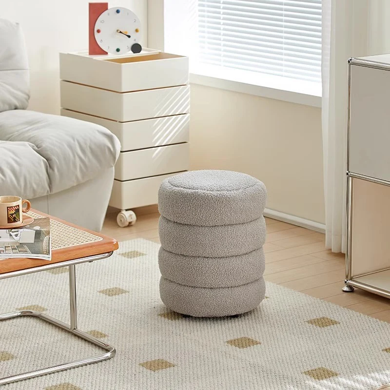 Contemporary Nordic Sherpa Fabric Engineered Board Round Low Stool Multi-Tier For Living Room And Bedroom