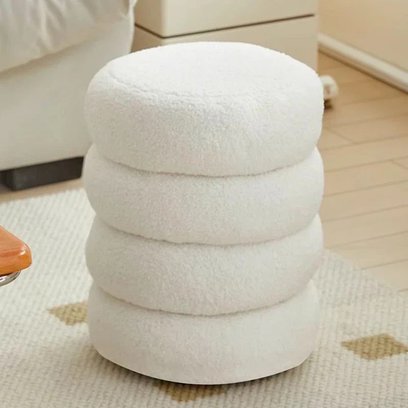 Contemporary Nordic Sherpa Fabric Engineered Board Round Low Stool Multi-Tier For Living Room And Bedroom