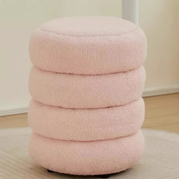 Contemporary Nordic Sherpa Fabric Engineered Board Round Low Stool Multi-Tier For Living Room And Bedroom